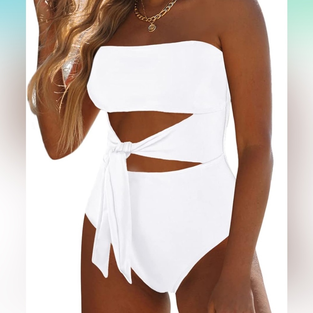 Women's Bandeau One Piece Swimsuit Straps or Strapless option, Tie High Cut Out